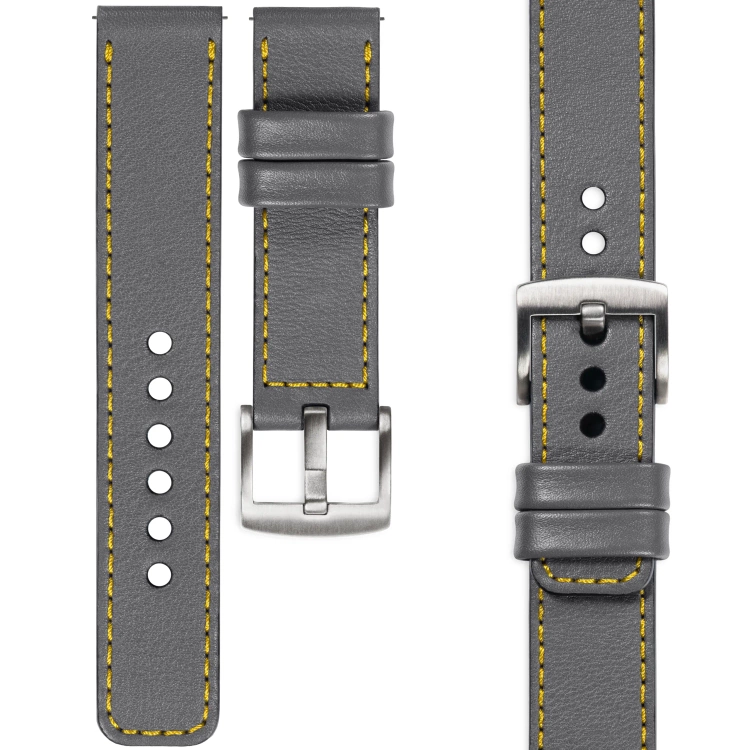 moVear Prestige C1 Skórzany pasek 20mm do zegarka | Szary, żółte przeszycie [rozmiary XS-XXL i klamra do wyboru]