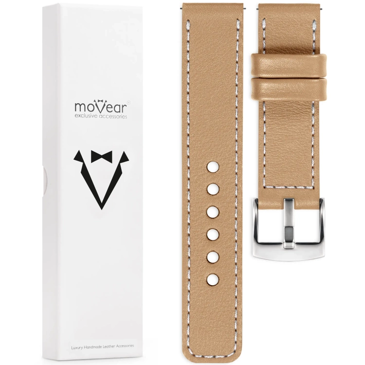 moVear Prestige C1 Skórzany pasek 22mm do zegarka | Cappuccino, białe przeszycie [rozmiary XS-XXL i klamra do wyboru]
