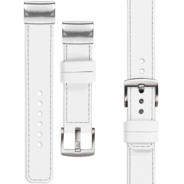 moVear Prestige C1 Skórzany pasek do Garmin QuickFit 22mm (Fenix / Forerunner / Epix / Instinct / Enduro / Quatix / MARQ - 47/45mm) | Biały, srebrne przeszycie [rozmiary XS-XXL i klamra do wyboru]