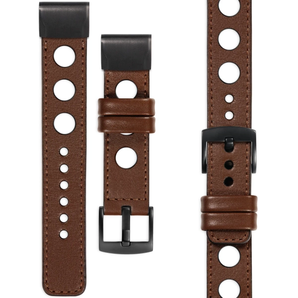 moVear Prestige R1 Skórzany pasek do Garmin QuickFit 22mm (Fenix / Forerunner / Epix / Instinct / Enduro / Quatix / MARQ - 47/45mm) | Ciemnobrązowy, ciemnobrązowe przeszycie [rozmiary XS-XXL i klamra do wyboru]