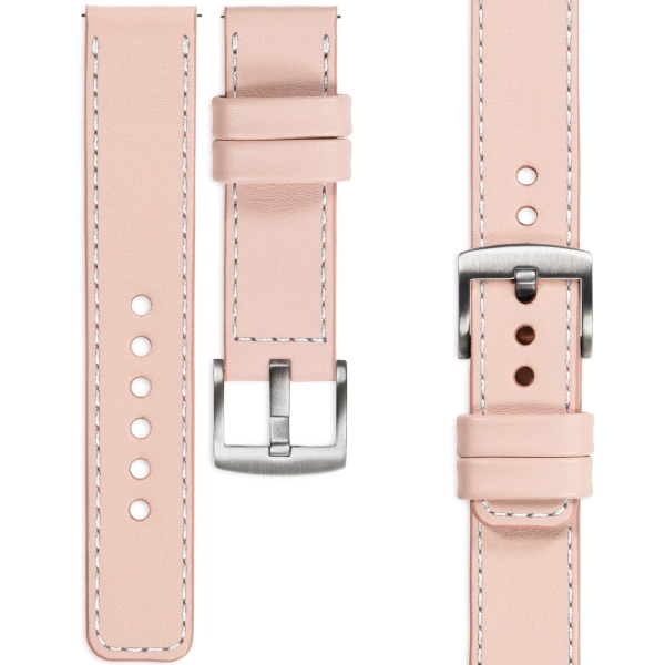 moVear Prestige C1 Skórzany pasek 20mm do Samsung Galaxy Watch 7 / 6 / 5 / 4 / 3 & Pro / FE / Classic / Active | Różowy cielisty, białe przeszycie [rozmiary XS-XXL i klamra do wyboru]