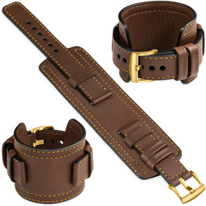 moVear Prestige CW1 Szeroki skórzany pasek 24mm do zegarka | Ciemnobrązowy, złote przeszycie [rozmiary XS-XXL i klamra do wyboru]