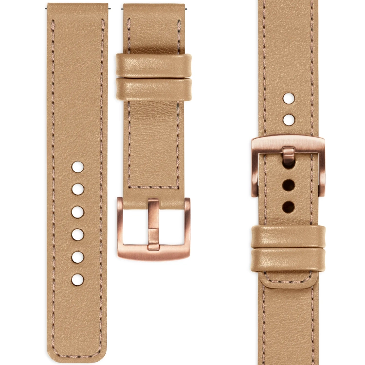 moVear Prestige C1 Skórzany pasek 20mm do Samsung Galaxy Watch 7 / 6 / 5 / 4 / 3 & Pro / FE / Classic / Active | Cappuccino, różowe złoto przeszycie [rozmiary XS-XXL i klamra do wyboru]