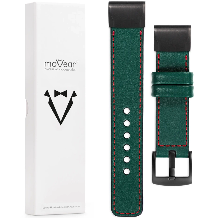 moVear Prestige C1 Skórzany pasek do Garmin QuickFit 26mm (Fenix / Epix / Quatix / Tactix / Enduro - 51mm) | Zielony butelkowy, czerwone przeszycie [rozmiary XS-XXL i klamra do wyboru]