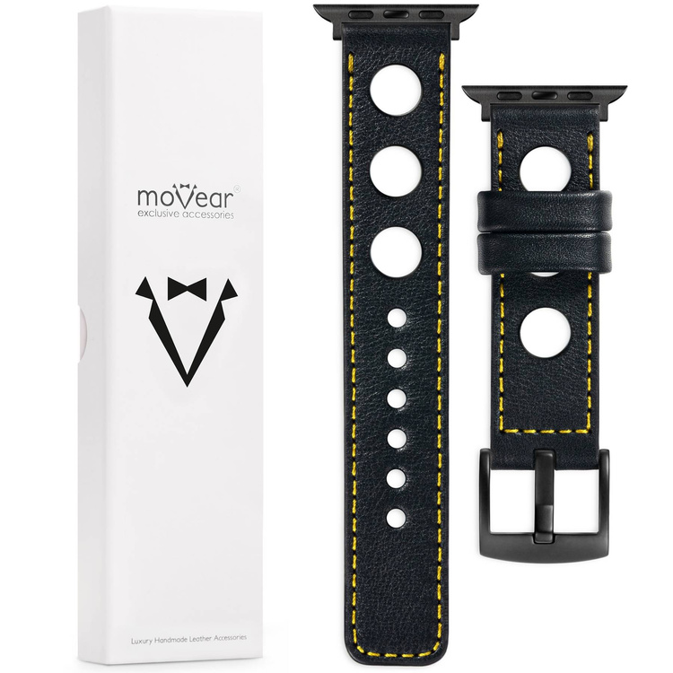 moVear Prestige R1 Skórzany pasek 20mm do Apple Watch 8 / 7 / 6 / 5 / 4 / SE (41/40mm) | Czarny, żółte przeszycie [rozmiar i klamra do wyboru]