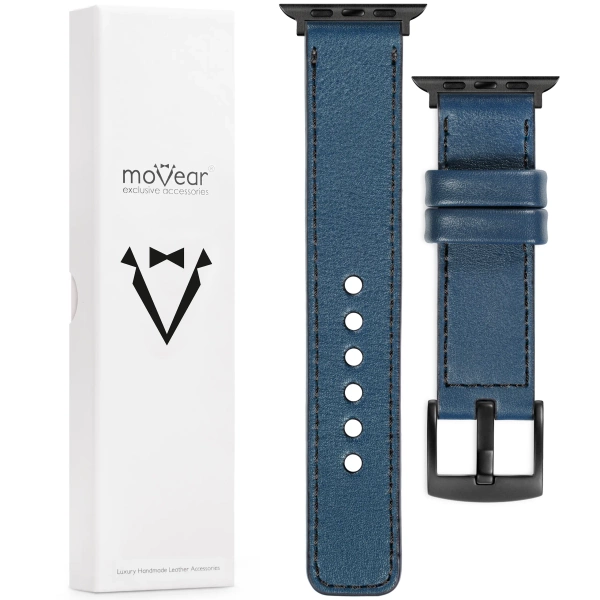 moVear Prestige C1 Skórzany pasek 24mm do Apple Watch 10 / 9 / 8 / 7 / 6 / 5 / 4 / SE (46/45/44mm) & Ultra (49mm) | Niebieski jeans, czarne przeszycie [rozmiary XS-XXL i klamra do wyboru]