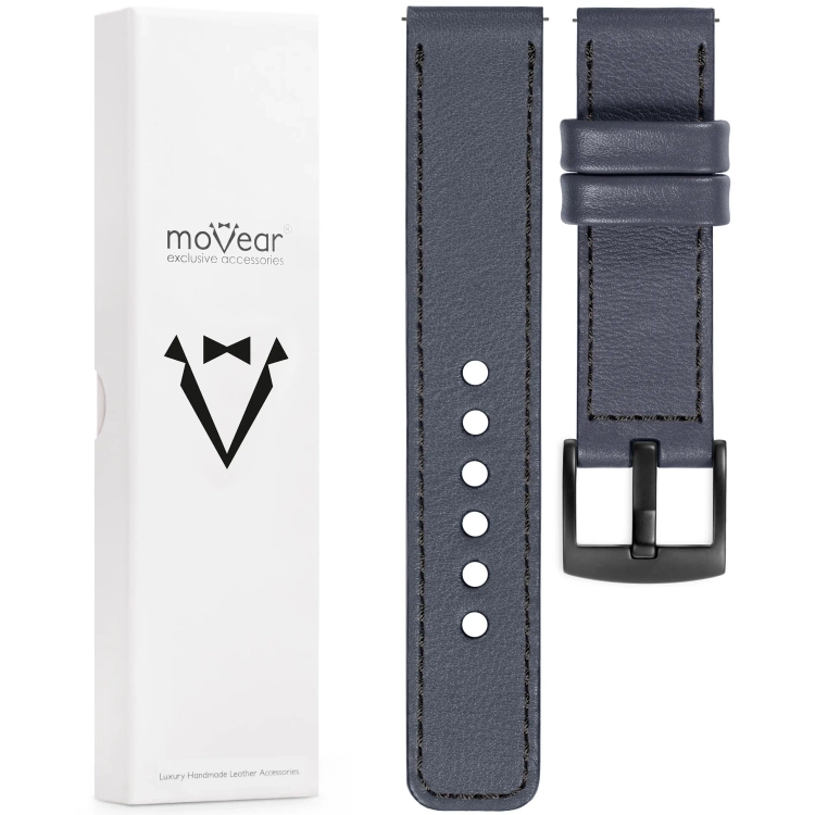 moVear Prestige C1 Skórzany pasek 20mm do zegarka | Szary stalowy, czarne przeszycie [rozmiary XS-XXL i klamra do wyboru]