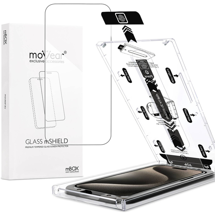 moVear mBOX GLASS mSHIELD 2.5D do Apple iPhone 16 / 15 / 15 Pro (6.1") (łatwy montaż)