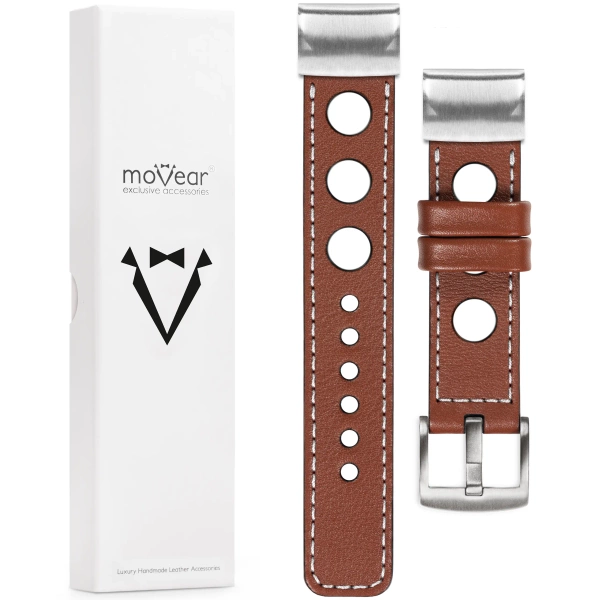 moVear Prestige R1 Skórzany pasek do Garmin QuickFit 22mm (Fenix / Forerunner / Epix / Instinct / Enduro / Quatix / MARQ - 47/45mm) | Brązowy, białe przeszycie [rozmiary XS-XXL i klamra do wyboru]