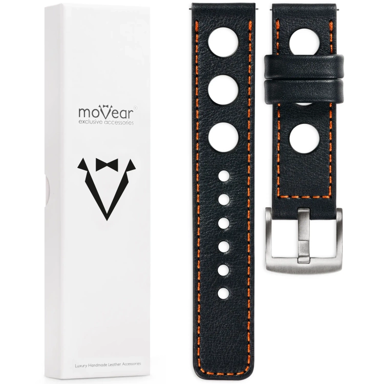 moVear Prestige R1 Skórzany pasek 22mm do zegarka | Czarny, ciemnopomarańczowe przeszycie [rozmiary XS-XXL i klamra do wyboru]