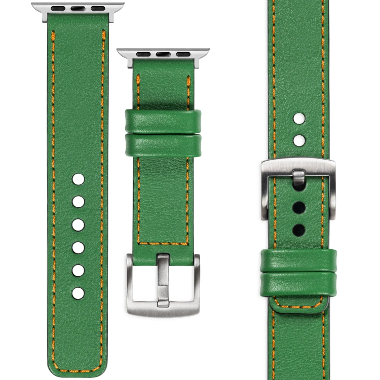 moVear Prestige C1 Skórzany pasek 24mm do Apple Watch 10 / 9 / 8 / 7 / 6 / 5 / 4 / SE (46/45/44mm) & Ultra (49mm) | Zielony, pomarańczowe przeszycie [rozmiary XS-XXL i klamra do wyboru]