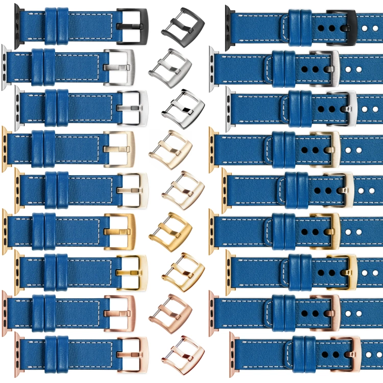 moVear Prestige C1 Skórzany pasek 20mm do Apple Watch 10 / 9 / 8 / 7 / 6 / 5 / 4 / SE (46/45/44mm) & Ultra (49mm) | Niebieski, białe przeszycie [rozmiary XS-XXL i klamra do wyboru]