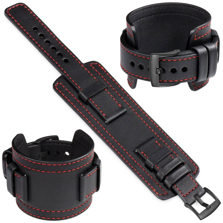 moVear Prestige CW1 Szeroki skórzany pasek 22mm do Samsung Galaxy Watch 3 (45mm) / Watch (46mm) / Gear S3 | Czarny, czerwone przeszycie [rozmiary XS-XXL i klamra do wyboru]