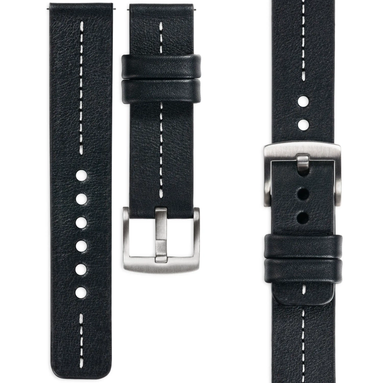 moVear Prestige C2 Skórzany pasek 26mm do zegarka | Czarny, białe przeszycie [rozmiary XS-XXL i klamra do wyboru]