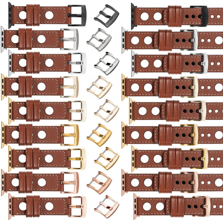 moVear Prestige R1 Skórzany pasek 24mm do Apple Watch 10 / 9 / 8 / 7 / 6 / 5 / 4 / SE (46/45/44mm) & Ultra (49mm) | Brązowy, różowe złoto przeszycie [rozmiary XS-XXL i klamra do wyboru]