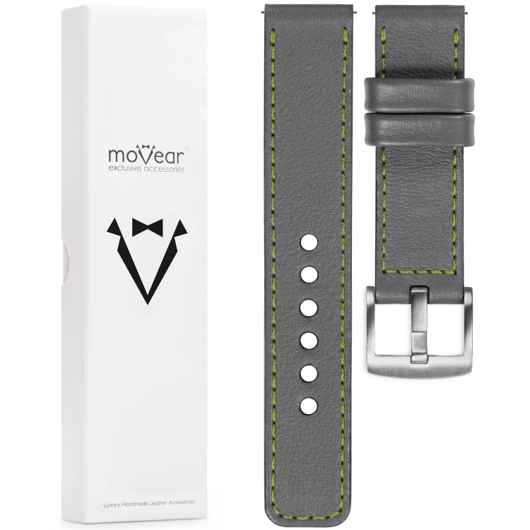 moVear Prestige C1 Skórzany pasek 26mm do zegarka | Szary, limonkowe przeszycie [rozmiary XS-XXL i klamra do wyboru]