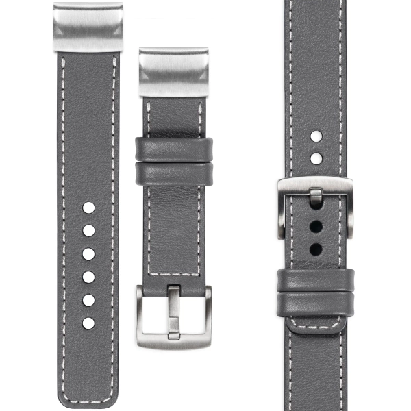 moVear Prestige C1 Skórzany pasek do Garmin QuickFit 22mm (Fenix / Forerunner / Epix / Instinct / Enduro / Quatix / MARQ - 47/45mm) | Szary, białe przeszycie [rozmiary XS-XXL i klamra do wyboru]
