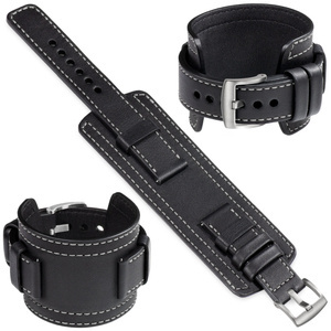 moVear Prestige CW1 Szeroki skórzany pasek 24mm do zegarka | Czarny, białe przeszycie [rozmiary XS-XXL i klamra do wyboru]