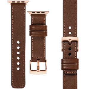 moVear Prestige C1 Skórzany pasek 20mm do Apple Watch 10 / 9 / 8 / 7 / 6 / 5 / 4 / SE (46/45/44mm) & Ultra (49mm) | Ciemnobrązowy, różowe złoto przeszycie [rozmiary XS-XXL i klamra do wyboru]