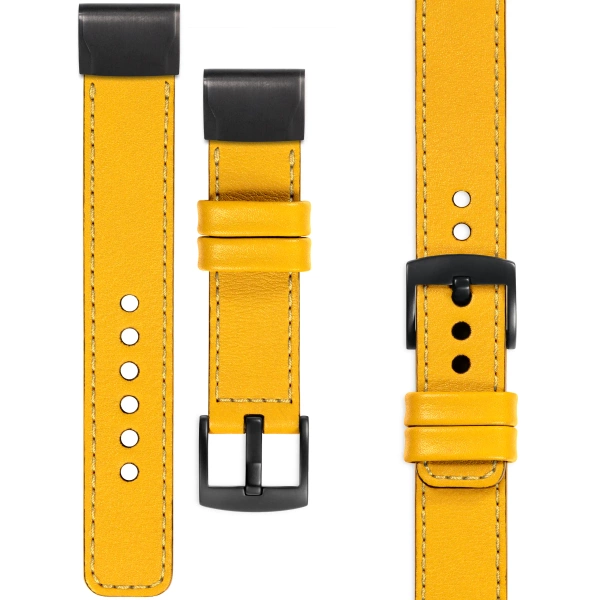 moVear Prestige C1 Skórzany pasek do Garmin QuickFit 26mm (Fenix / Epix / Quatix / Tactix / Enduro - 51mm) | Żółty, żółte przeszycie [rozmiary XS-XXL i klamra do wyboru]