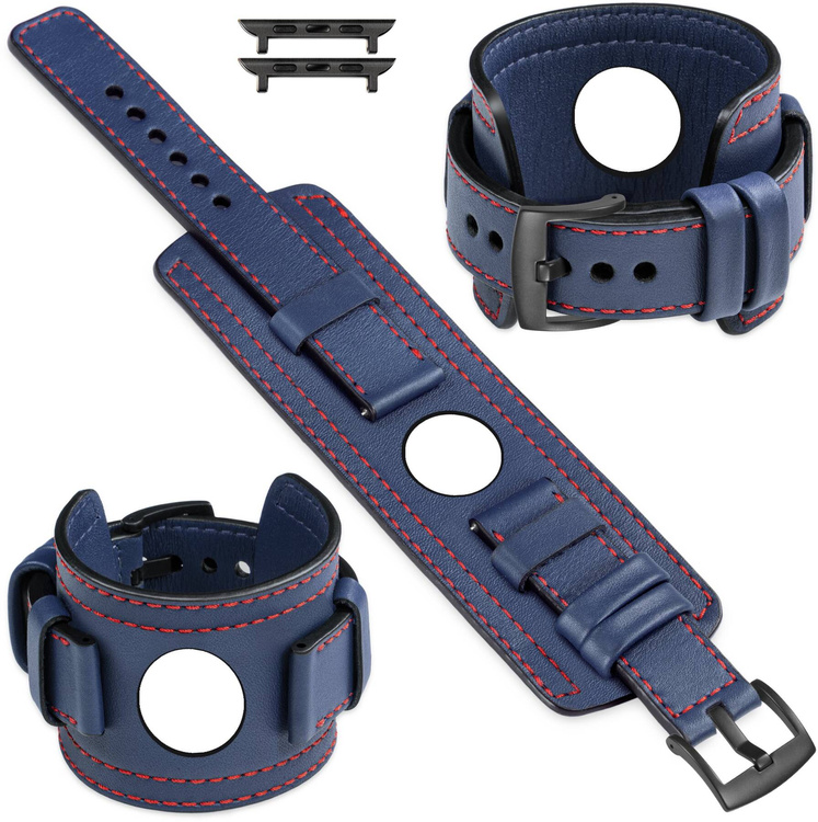 moVear Prestige CW1 Szeroki skórzany pasek 20mm do Apple Watch 10 / 9 / 8 / 7 / 6 / 5 / 4 / SE (42/41/40mm) | Granatowy, czerwone przeszycie [rozmiary XS-XXL i klamra do wyboru]