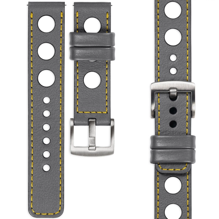 moVear Prestige R1 Skórzany pasek 20mm do zegarka | Szary, żółte przeszycie [rozmiary XS-XXL i klamra do wyboru]
