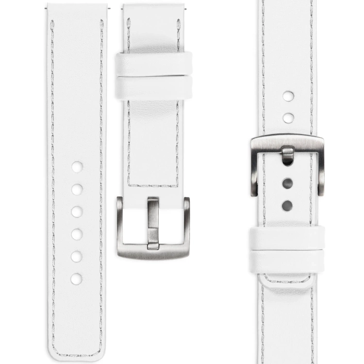 moVear Prestige C1 Skórzany pasek 22mm do Huawei Watch 5 4 3 2 1 - GT / Pro / Ultimate (48/46mm) | Biały, srebrne przeszycie [rozmiary XS-XXL i klamra do wyboru]
