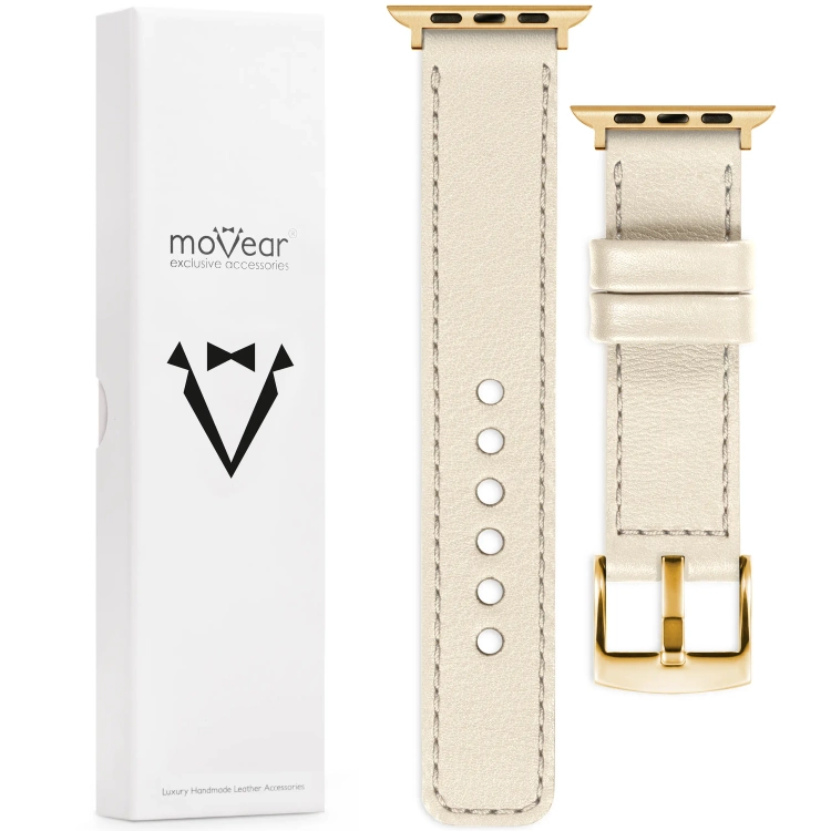 moVear Prestige C1 Skórzany pasek 20mm do Apple Watch 10 / 9 / 8 / 7 / 6 / 5 / 4 / SE (46/45/44mm) & Ultra (49mm) | Beżowy, beżowe przeszycie [rozmiary XS-XXL i klamra do wyboru]