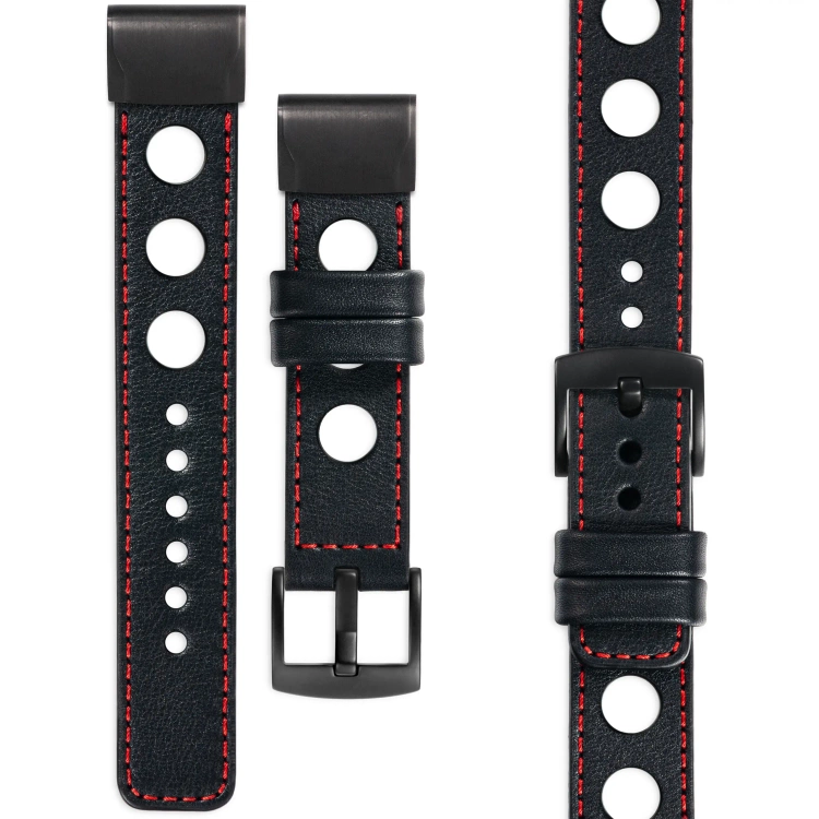 moVear Prestige R1 Skórzany pasek do Garmin QuickFit 22mm (Fenix / Forerunner / Epix / Instinct / Enduro / Quatix / MARQ - 47/45mm) | Czarny, czerwone przeszycie [rozmiary XS-XXL i klamra do wyboru]