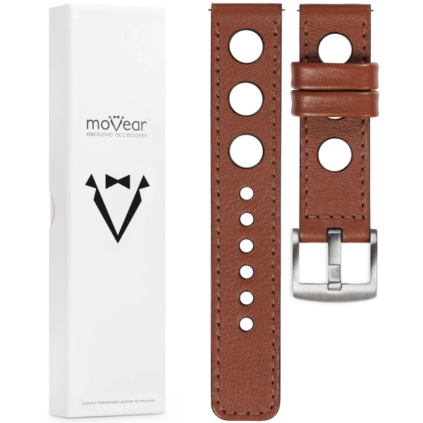 moVear Prestige R1 Skórzany pasek 24mm do zegarka | Brązowy, brązowe przeszycie [rozmiary XS-XXL i klamra do wyboru]