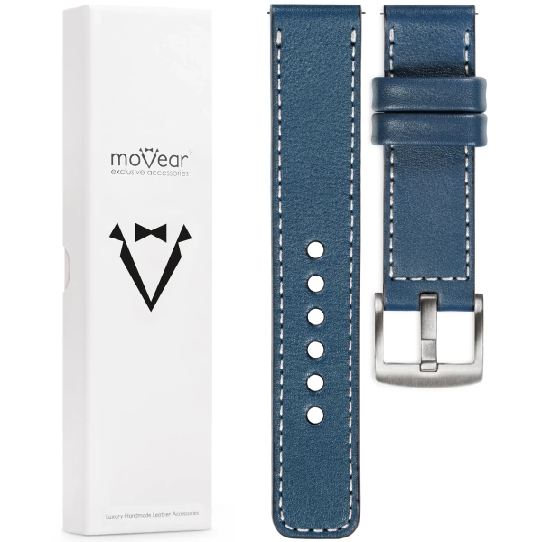 moVear Prestige C1 Skórzany pasek 20mm do Samsung Galaxy Watch 7 / 6 / 5 / 4 / 3 & Pro / FE / Classic / Active | Niebieski jeans, białe przeszycie [rozmiary XS-XXL i klamra do wyboru]