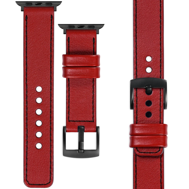 moVear Prestige C1 Skórzany pasek 20mm do Apple Watch 10 / 9 / 8 / 7 / 6 / 5 / 4 / SE (46/45/44mm) & Ultra (49mm) | Czerwony szkarłatny, czarne przeszycie [rozmiary XS-XXL i klamra do wyboru]
