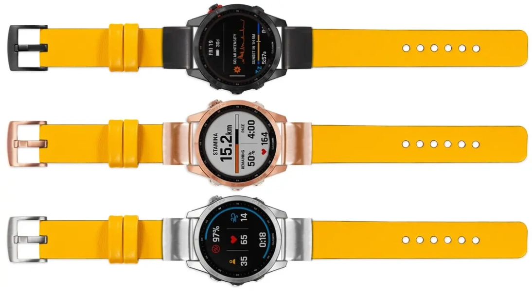 moVear Prestige S1 Skórzany pasek do Garmin QuickFit 20mm (Fenix / Instinct - 43/42/40mm) | Żółty [rozmiary XS-XXL i klamra do wyboru]