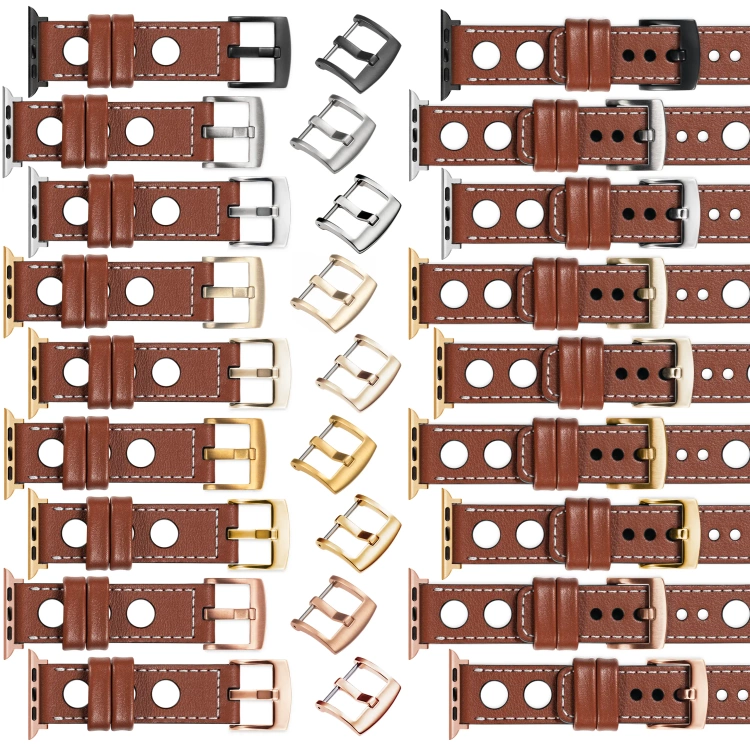 moVear Prestige R1 Skórzany pasek 24mm do Apple Watch 10 / 9 / 8 / 7 / 6 / 5 / 4 / SE (46/45/44mm) & Ultra (49mm) | Brązowy, białe przeszycie [rozmiary XS-XXL i klamra do wyboru]