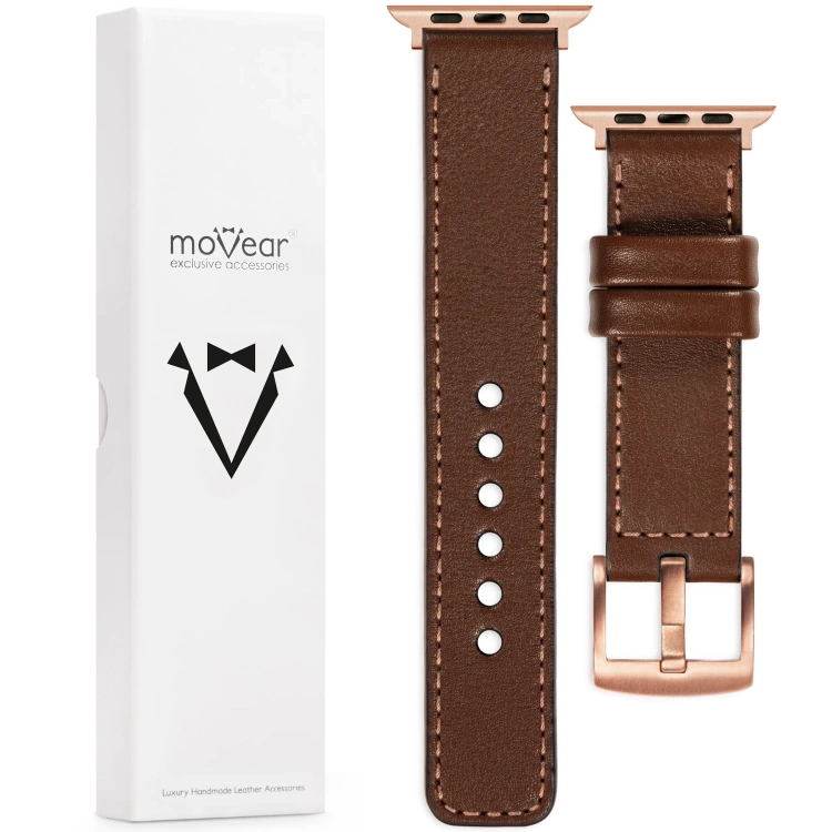 moVear Prestige C1 Skórzany pasek 22mm do Apple Watch 10 / 9 / 8 / 7 / 6 / 5 / 4 / SE (42/41/40mm) | Ciemnobrązowy, różowe złoto przeszycie [rozmiary XS-XXL i klamra do wyboru]