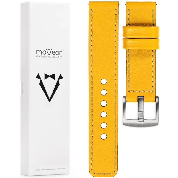 moVear Prestige C1 Skórzany pasek 18mm do zegarka | Żółty, żółte przeszycie [rozmiary XS-XXL i klamra do wyboru]