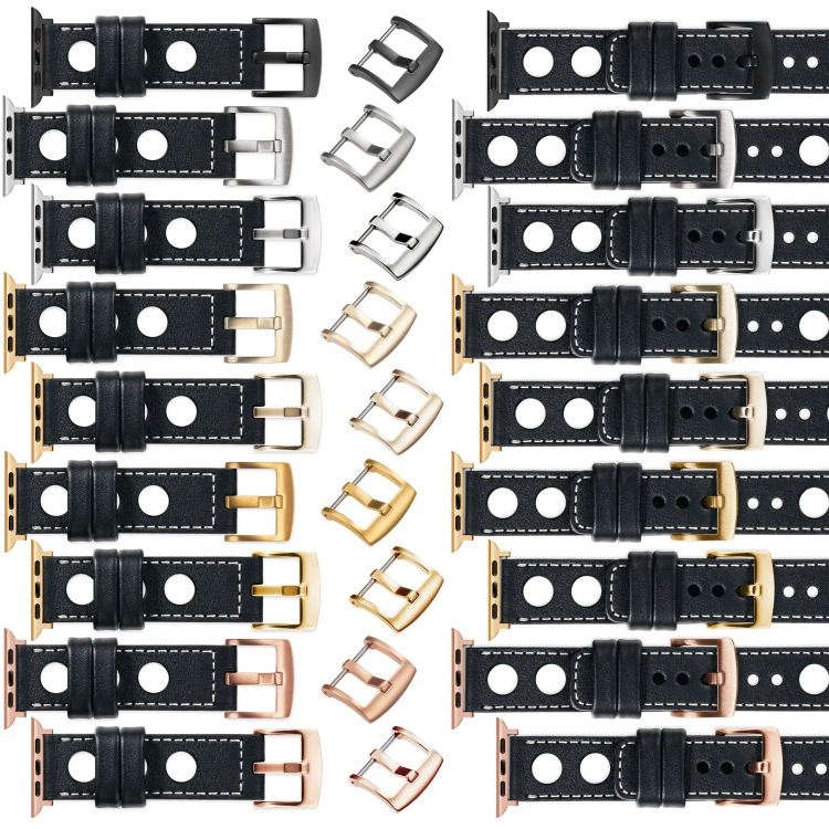 moVear Prestige R1 Skórzany pasek 24mm do Apple Watch 10 / 9 / 8 / 7 / 6 / 5 / 4 / SE (46/45/44mm) & Ultra (49mm) | Czarny, białe przeszycie [rozmiary XS-XXL i klamra do wyboru]