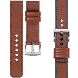 moVear Prestige C1 Skórzany pasek 24mm do zegarka | Brązowy, niebieskie przeszycie [rozmiary XS-XXL i klamra do wyboru]