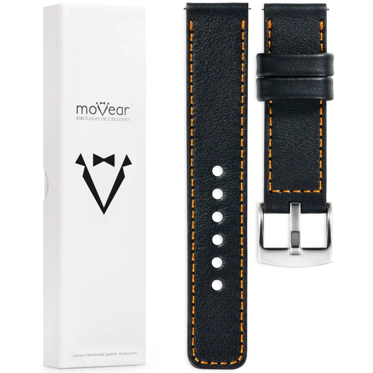 moVear Prestige C1 Skórzany pasek 18mm do zegarka | Czarny, pomarańczowe przeszycie [rozmiary XS-XXL i klamra do wyboru]