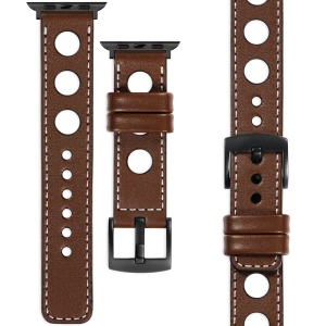 moVear Prestige R1 Skórzany pasek 22mm do Apple Watch 10 / 9 / 8 / 7 / 6 / 5 / 4 / SE (46/45/44mm) & Ultra (49mm) | Ciemnobrązowy, białe przeszycie [rozmiary XS-XXL i klamra do wyboru]