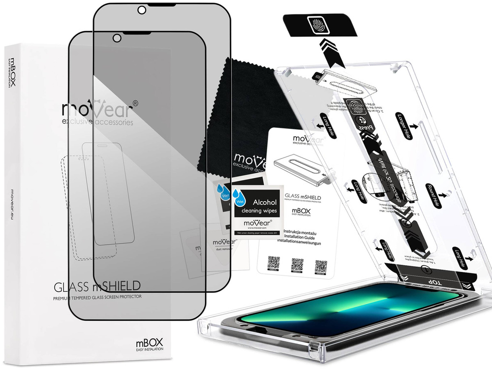 2 szt. | moVear mBOX GLASS mSHIELD 2.5D MAX privacy do Apple iPhone 16e / 14 / 13 / 13 Pro (6.1") (Anty spy, z Aplikatorem)