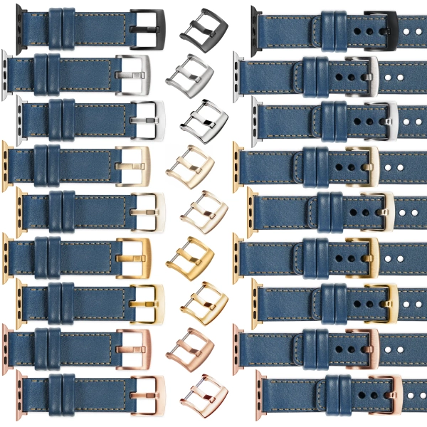 moVear Prestige C1 Skórzany pasek 22mm do Apple Watch 10 / 9 / 8 / 7 / 6 / 5 / 4 / SE (42/41/40mm) | Niebieski jeans, złote przeszycie [rozmiary XS-XXL i klamra do wyboru]