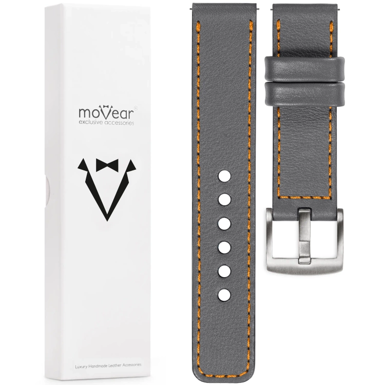moVear Prestige C1 Skórzany pasek 22mm do zegarka | Szary, pomarańczowe przeszycie [rozmiary XS-XXL i klamra do wyboru]