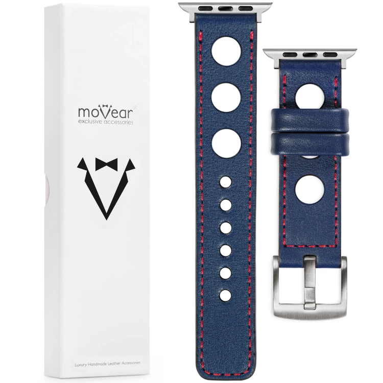 moVear Prestige R1 Skórzany pasek 24mm do Apple Watch 10 / 9 / 8 / 7 / 6 / 5 / 4 / SE (46/45/44mm) & Ultra (49mm) | Granatowy, czerwone przeszycie [rozmiary XS-XXL i klamra do wyboru]