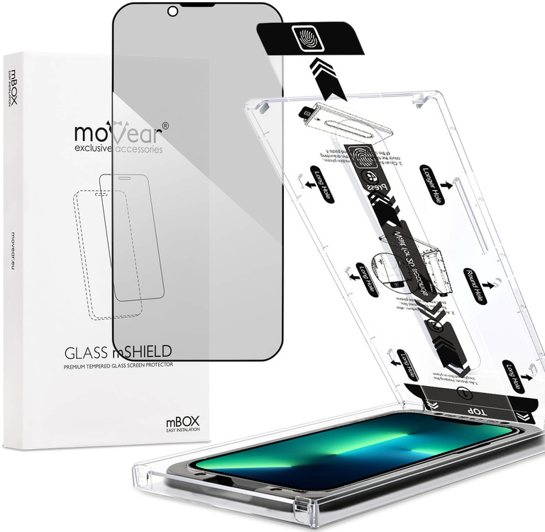 moVear mBOX GLASS mSHIELD 2.5D MAX privacy do Apple iPhone 16e / 14 / 13 / 13 Pro (6.1") (Anty spy, z Aplikatorem)