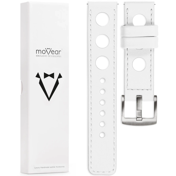 moVear Prestige R1 Skórzany pasek 22mm do Garmin Vivoactive 4, Venu 3/2 | Biały, białe przeszycie [rozmiary XS-XXL i klamra do wyboru]