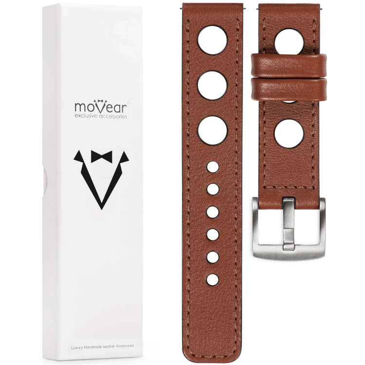 moVear Prestige R1 Skórzany pasek 24mm do zegarka | Brązowy, brązowe przeszycie [rozmiary XS-XXL i klamra do wyboru]
