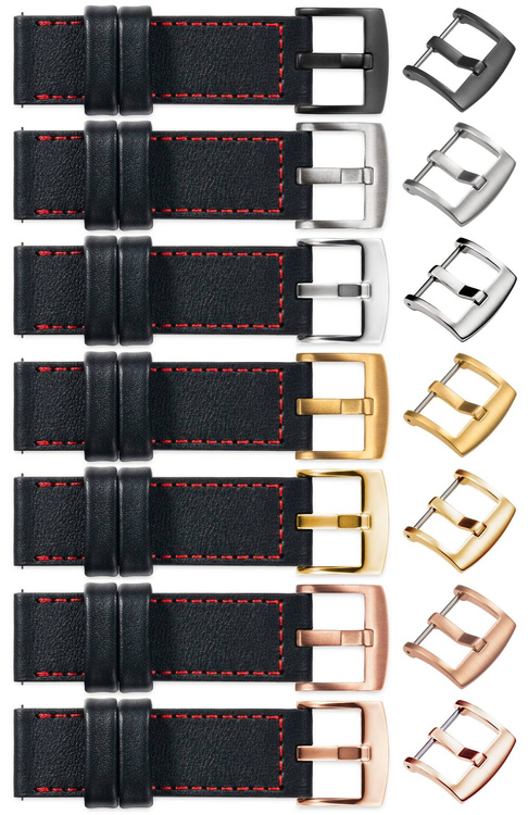 moVear Prestige CW1 Szeroki skórzany pasek 24mm do zegarka | Czarny, czerwone przeszycie [rozmiary XS-XXL i klamra do wyboru]