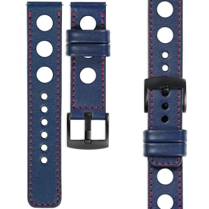 moVear Prestige R1 Skórzany pasek 20mm do Samsung Galaxy Watch 7 / 6 / 5 / 4 / 3 & Pro / FE / Classic / Active | Granatowy, czerwone przeszycie [rozmiary XS-XXL i klamra do wyboru]