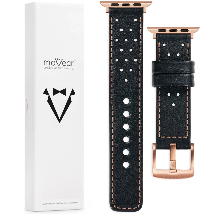 moVear Prestige R2 Skórzany pasek 20mm do Apple Watch 10 / 9 / 8 / 7 / 6 / 5 / 4 / SE (42/41/40mm) | Czarny, różowe złoto przeszycie [rozmiary XS-XXL i klamra do wyboru]